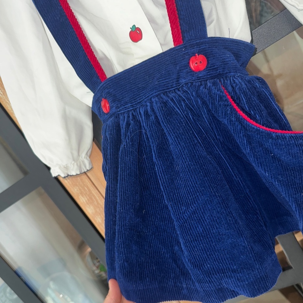 Vintage 1994 apples overalls dress set long sleeve top bow school collar toddler - Picture 6 of 10